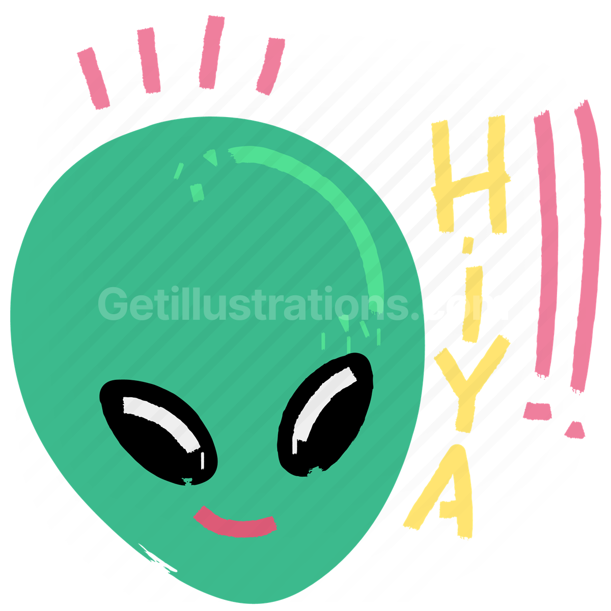 sticker, character, alien, face, smiley, hiya, greeting
